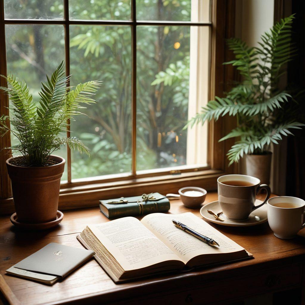 A serene and intimate workspace featuring a cozy desk with an elegant, vintage journal open, showcasing handwritten notes. Soft light filters through a nearby window, illuminating a steaming cup of tea and a quill pen beside the journal. An aura of privacy and inspiration surrounds the scene, with hints of greenery visible outside. The overall mood conveys tranquility and creativity, inviting the viewer into the quiet world of discreet blogging. super-realistic. warm tones. soft focus.