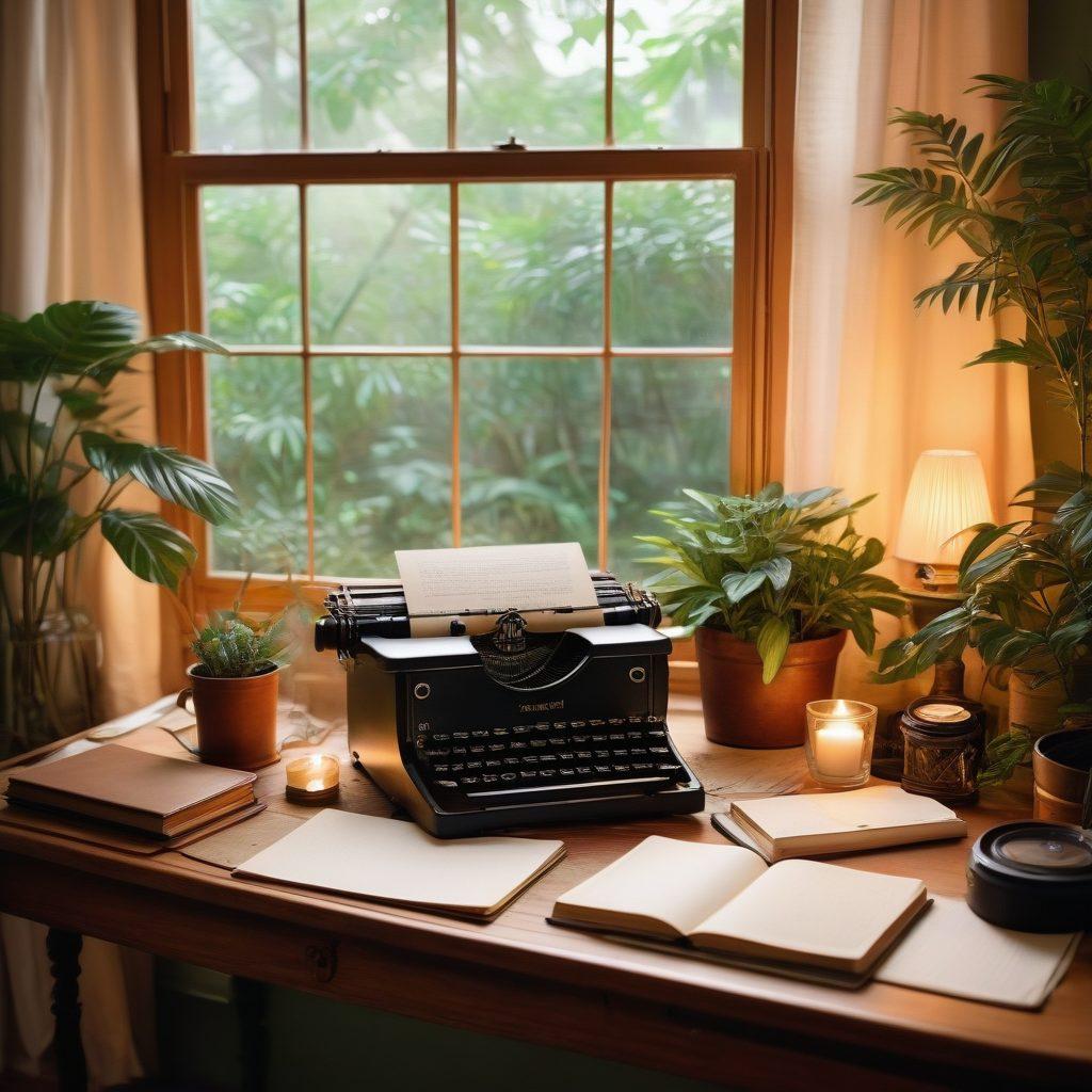 A serene, secluded workspace adorned with soft, glowing candles and lush greenery, featuring an inviting desk with a vintage typewriter and a notebook filled with handwritten notes. A warm light filters through a window draped with sheer curtains, reflecting a sense of privacy and intimacy. The atmosphere feels cozy and inspiring, signifying personal creativity in a digital age. soft lighting. calming colors. artistic illustration.