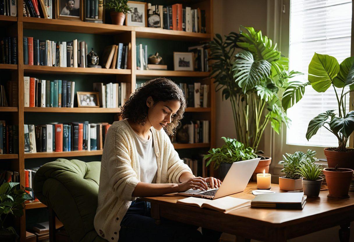 A cozy, softly lit room with a person typing on a laptop, surrounded by personal mementos like photographs and journals, creating an intimate atmosphere. The background features a bookshelf filled with books and plants, symbolizing personal growth and reflection. Warm color tones create a sense of comfort and authenticity. super-realistic. vibrant colors.